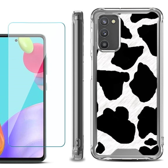 Shockproof Bumper Phone Case for Samsung Galaxy A02s, with Tempered Glass Screen Protector, by OneToughShield ® - Cow Skin Design