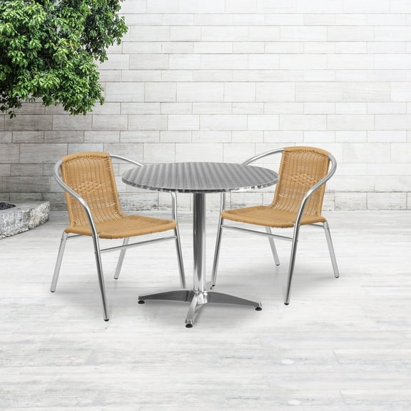 Emma   Oliver 31.5" Round Aluminum Table Set-2 Beige Rattan Chairs