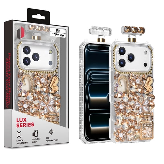 Cube - Apple iPhone 17 ProMax (6.9) - Clear TPU Perfume Bottle Shape Case with Large Gold Heart Love Rhinestones and Detachable Strap in Premium Cube Lux Retail Box