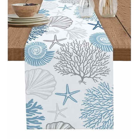 

Ocean Blue Coral Table Runner Coastal Starfish Shell Seahorse Grey Tablerunners 14 x 72 Inch Table Decorations Tabletop Scarf for Summer Gathering Holiday Farmhouse Kitchen Dining Decor