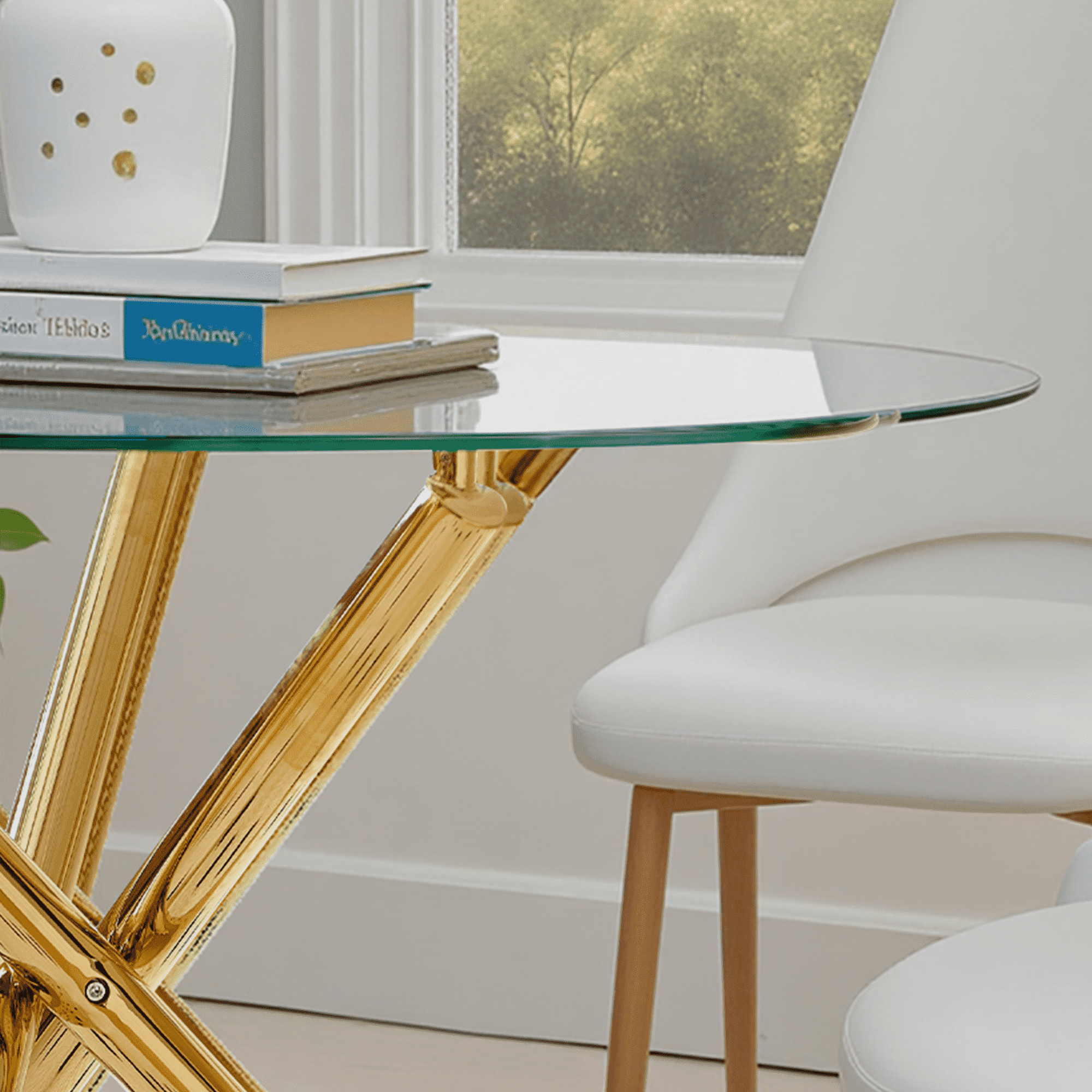 MAYEERTY Modern Golden Dining Table Cross Legs Glass Top Luxurious Living Room
