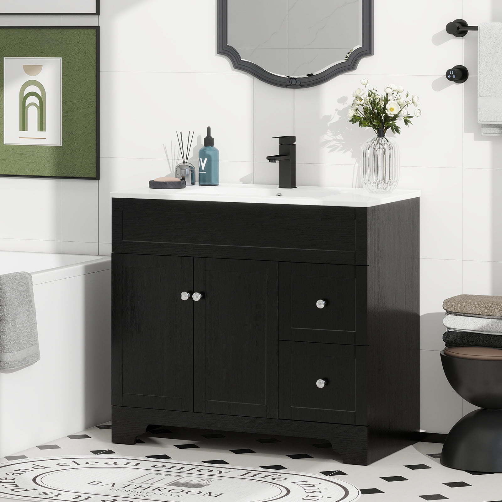 PULUOMIS 36" Bathroom Vanity with Sink Combo, Modern Bathroom Storage Vanities Set with 2 Drawers and 1 Soft Closing Door, Ceramic Undermount Sink, Without Faucet, Black