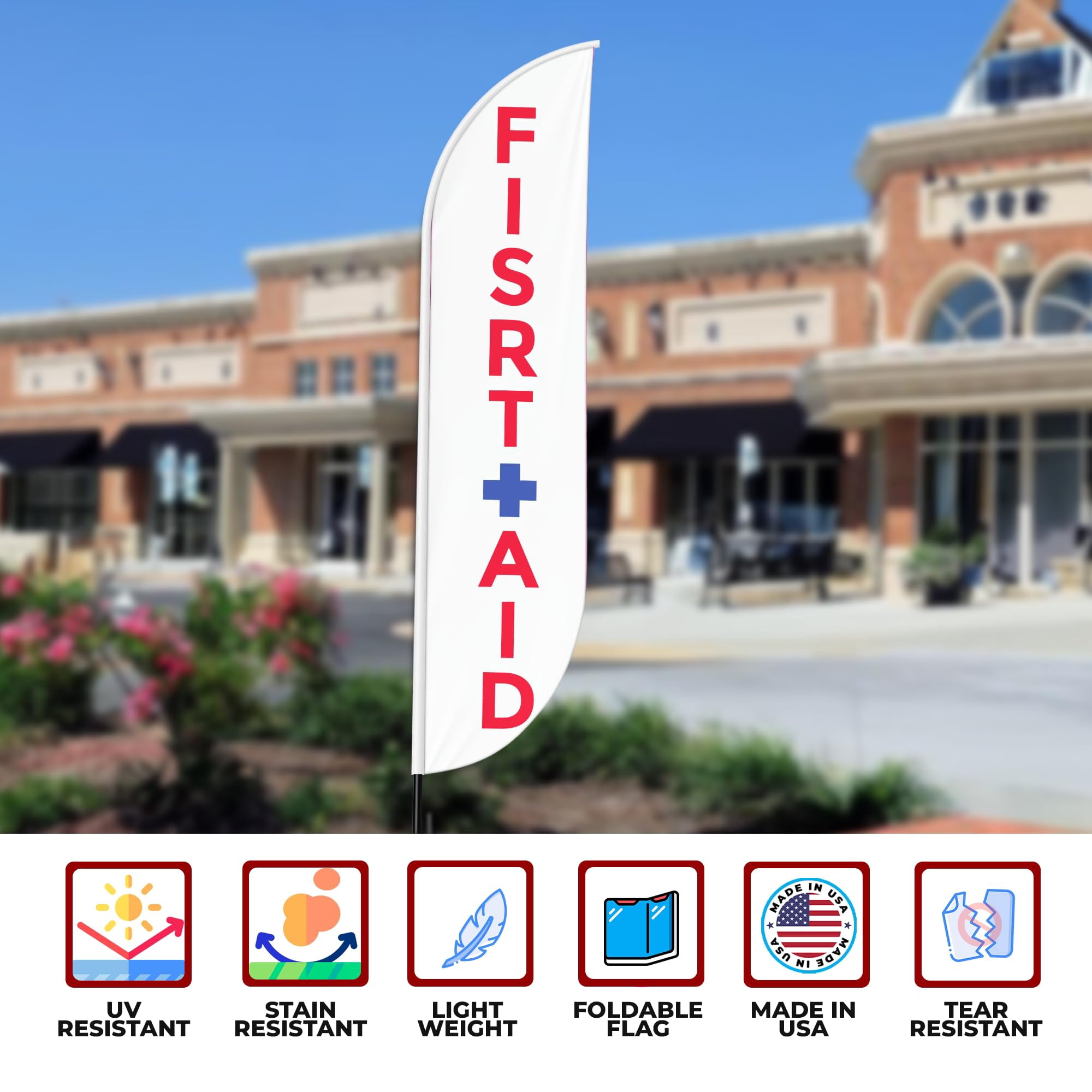 First Aid Sign feather flag for Outdoor by Mavis Print | 11.5 FEET Long Polyester Outdoor Banner Flag | HD Print Swooper I Flag Only to Promote Medicine| Made in USA I Flag Only
