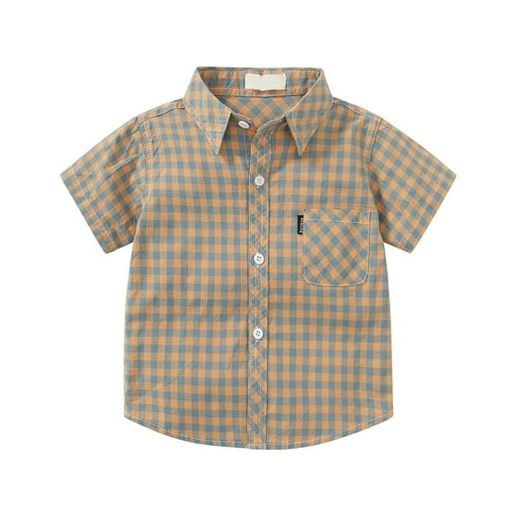 Huesdet Boys Casual Short Sleeve Button Up Shirt Fashion Textured Summer Beach Shirt(Khaki,4-5 Years)