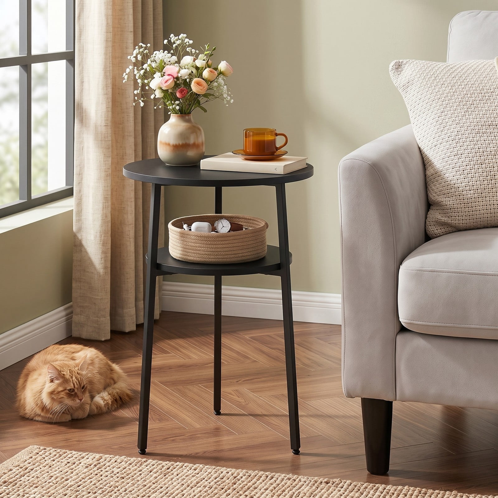 Furnibear Set of 2 Round Side Table with Storage Shelf and Metal Frame, 2-Tier End Table Nightstand for Living Room Bedroom Small Spaces, Black