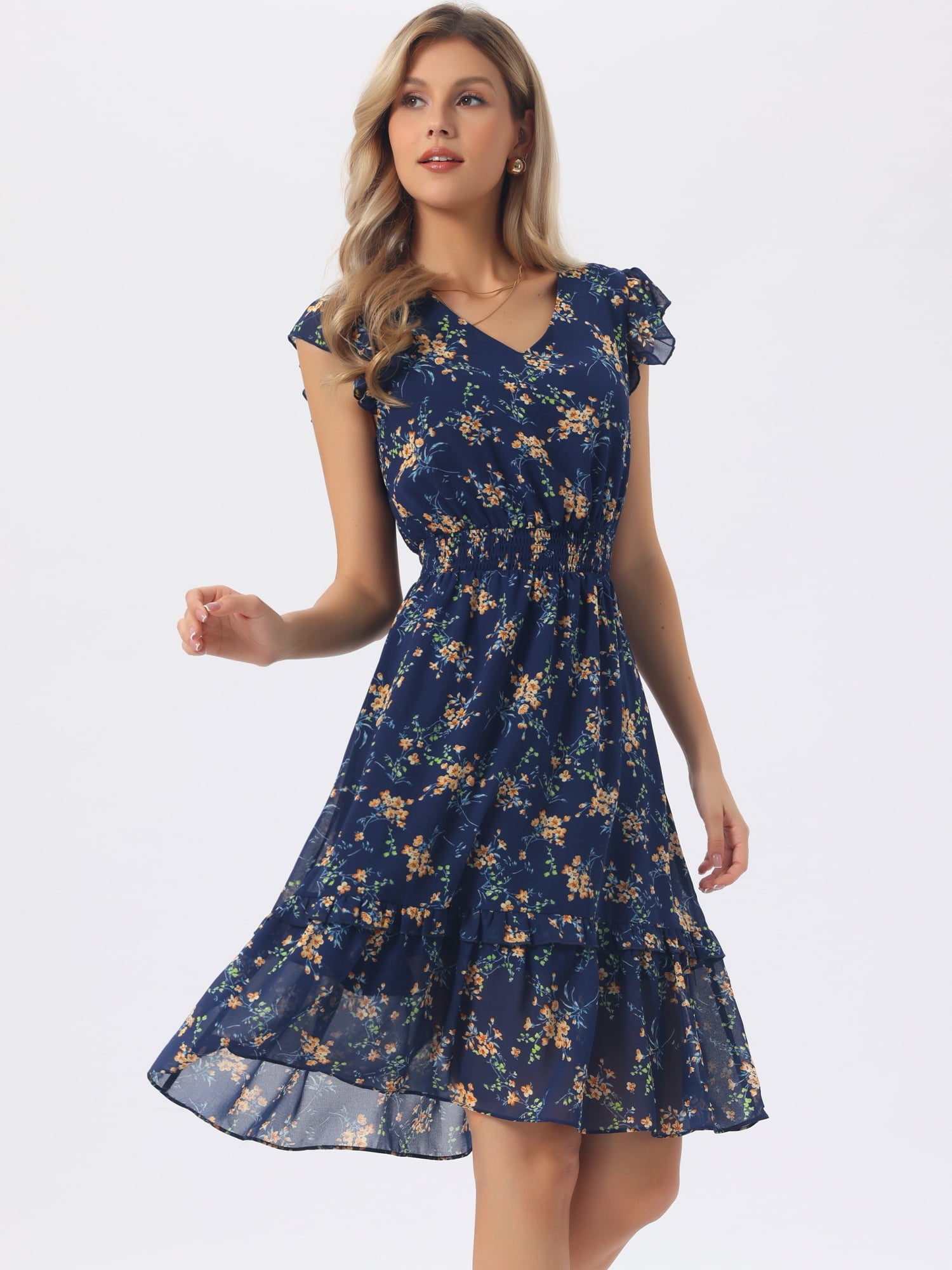 DARING DIVA Women's Floral Summer V Neck Flutter Sleeve Ruffle Dress XS Navy Blue