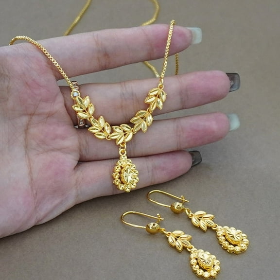 Dubai Jewelry Sets for Women 14K Yellow Gold Love Ethiopian African Heart Necklace Earrings Sets Arab Bridal Dowry Jewelry