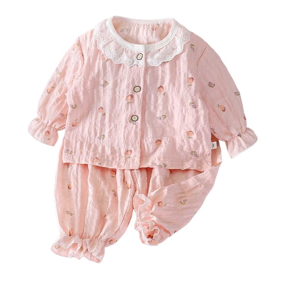 Zpanxa Girls' Pajama Sets Button Down Ruffle Collar Top and Pants Set Cute Floral Print Soft Fall Sleepwear for Kids Pink 0-1 Years