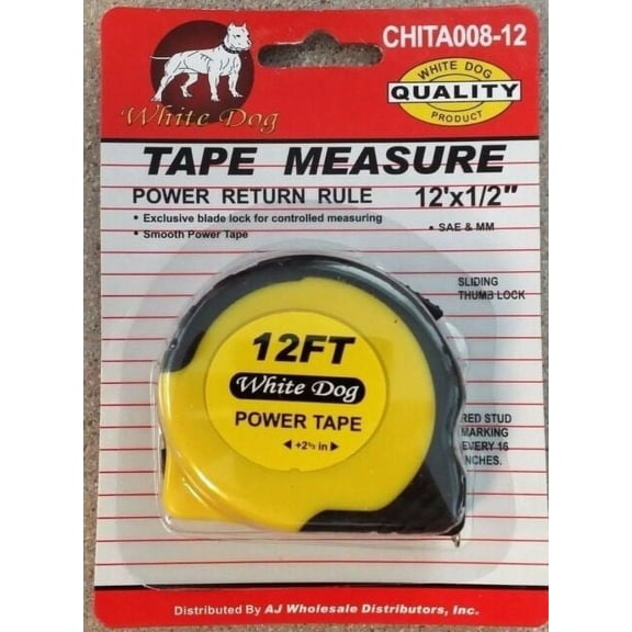 12ft by 1/2" Retractable Tape Measure, Thumb Lock & Belt Clip, Stud Marks 16"