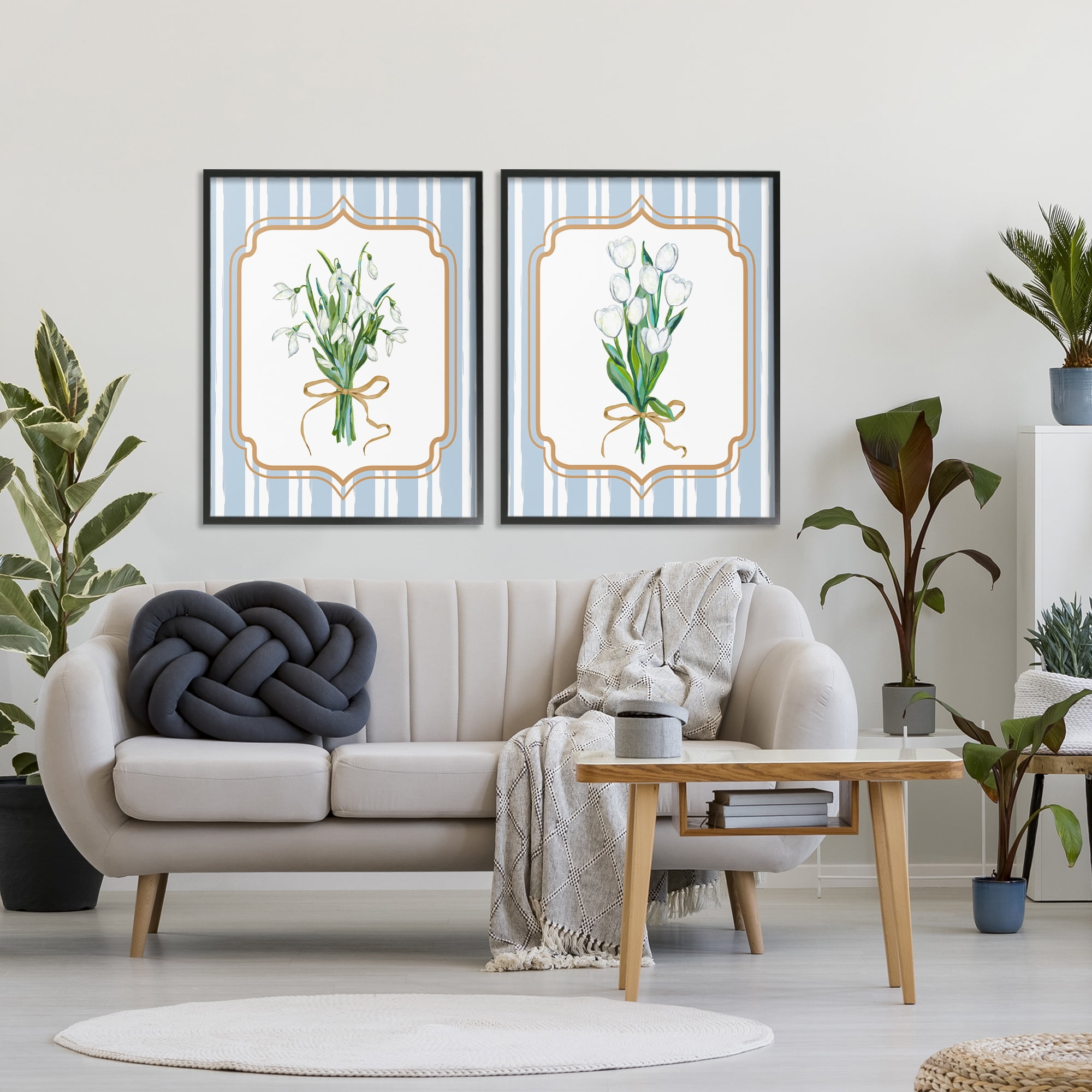 White Flowers Classic Stripes 2 Piece Black Framed Giclee Art Set, design by Adonna Ebrahimi