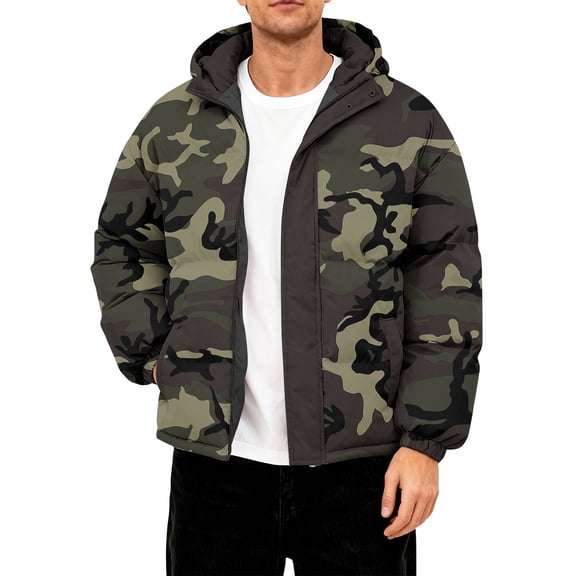 CharmCyan Men's Hooded Puffer Jacket with Camouflage Print Full Zip Closure Water Resistant Outerwear Casual Fit Winter Coat Army Green L