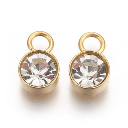 30 pc Ion Plating(IP) Glass Rhinestone Charms April Birthstone Charms with Real 18K golden Plated Tone 201 Stainless Steel Findings Flat Round 10x6x4mm Hole: 2.3mm