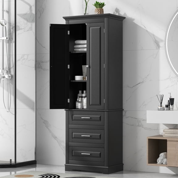 Torsi Modern Double Door Storage Cabinet with Drawers and Adjustable Shelves, Black