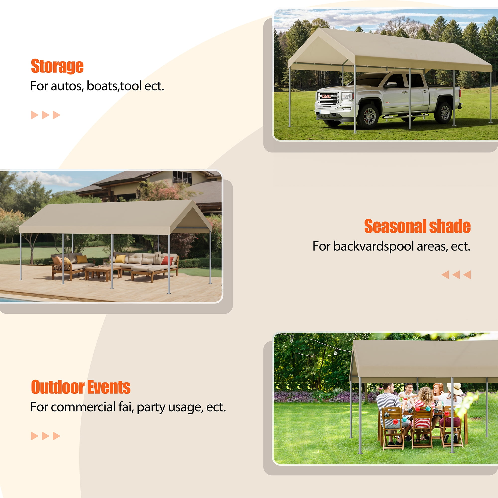 Walsunny Carport 10 x 20 ft Heavy Duty Carport Car Canopy with Powder-Coated Steel Frame, Portable Garage for Car, Boat, Shelter Party Tent with 180g PE Tarp