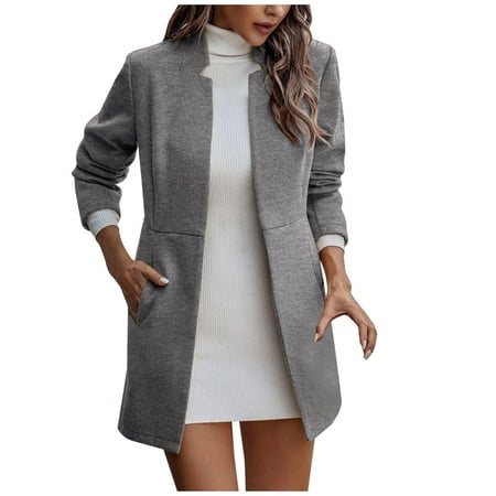 

Women s Wool Blend Jackets Winter Elegant Slim Fit Blazer Cardigan Casual Long Sleeve Stand Collar Trench Coat