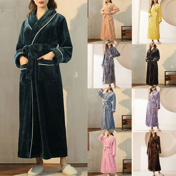 Aboser Womens Long Flannel Robes with Pockets Thick Plush Bathrobes Warm Fuzzy Fleece Loungewear Winter Shawl Collar Towel Robe Comfy Soft Belted Bathrobe Yellow M