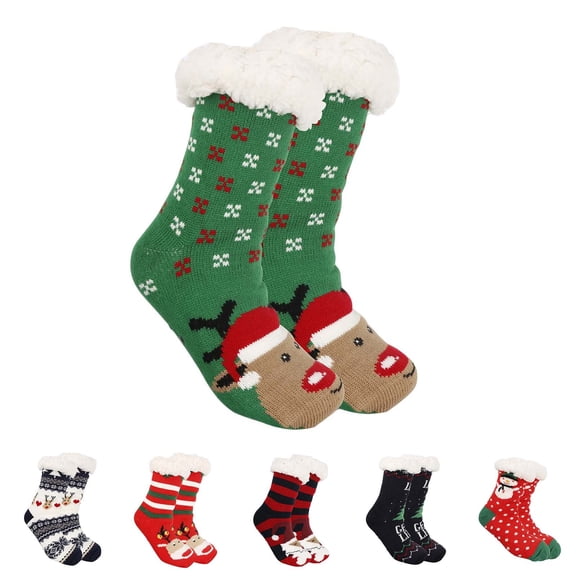 Hkoxplj Christmas Sherpa Lined Floor Socks for Men and Women Soft Acrylic Knit Thick Warm Non Slip Slipper Socks Plush Indoor Crew Socks Reindeer Snowman Novelty Holiday Gift Socks 6 Styles