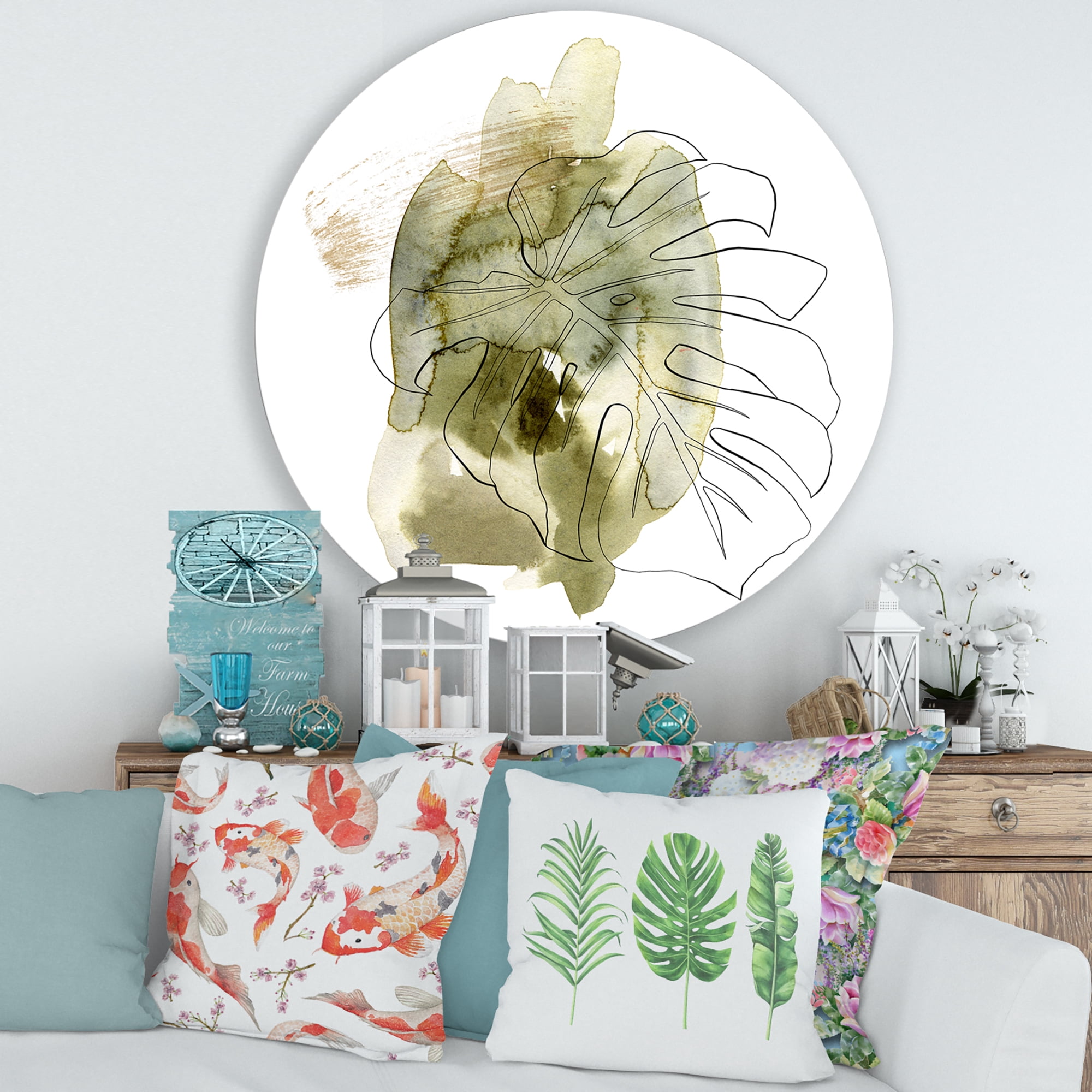 Designart 'Line Art Monstera Branch Tropical Abstract Leaves on Green' Traditional Circle Metal Wall Art 29x29 - Disc of 29
