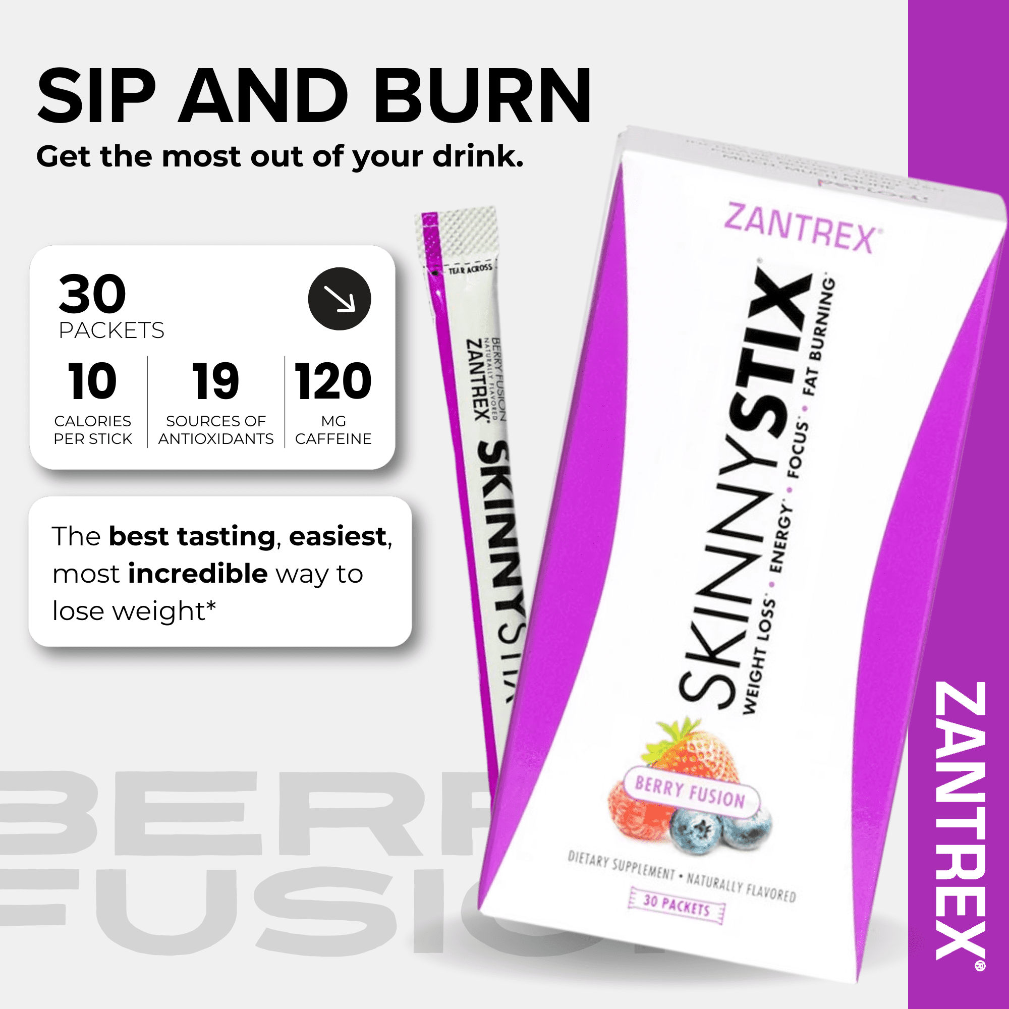 Zantrex SkinnyStix – Energy, Appetite Support, Weight Management Drink Mix, 10 Calories, Mixed Berry, 30 Packets