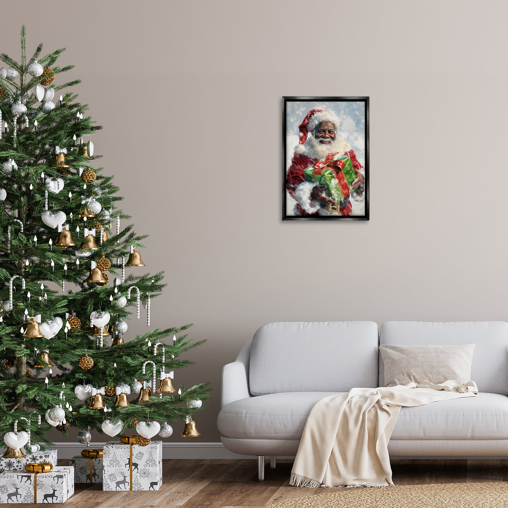 Stupell Industries Santa Claus & Gift Holiday Painting Black Floater Framed Art Print Wall Art, 17 x 25
