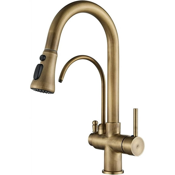 Antique Brass Filter Kitchen Faucet with Drinking Water 360° Swivel Pull Down Kitchen Sink Faucet with Three Function Sprayer, Dual Handles Kitchen Mixer Tap