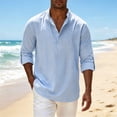 thumbnail image 3 of BLCHUNen Cotton Linen Beach Shirts for Men Button Mock Neck Casual Shirts Long Sleeve Lightweight Vacation Tops,XXL,Light Blue, 3 of 9