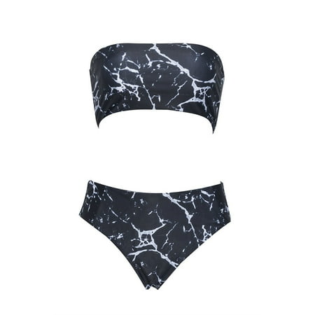 

Women Mable Grain Pattern Swimwear Girls Polyester 2pcs Swimsuit Sexy Bikini Tube Top Panty