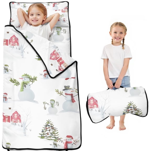 White Christmas Snowman Pattern Toddler Nap Mats for Kids Preschool,50"x20" Sleeping Mat Bag or Kids,Toddler Sleeping Bag,Toddler Nap Mat or Daycare