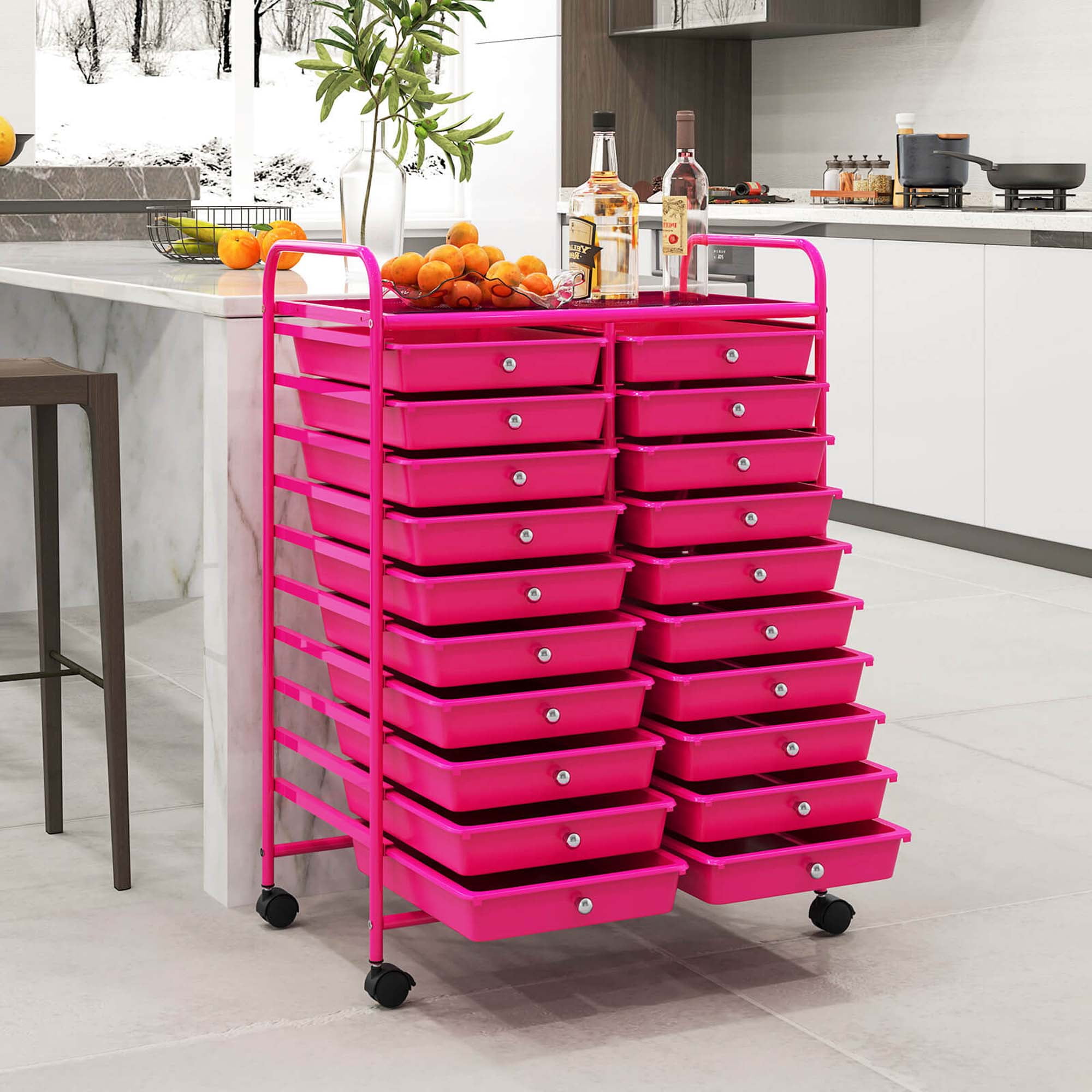 Costway 20 Drawers Rolling Storage Cart Art Craft Organizer on Wheels Multipurpose Hot Pink