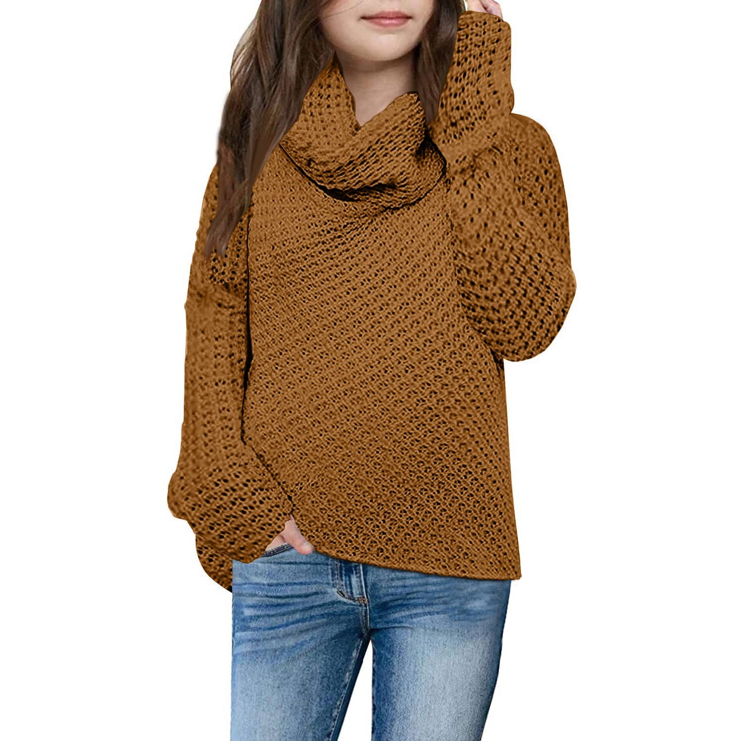 Mafulus Girls Long Sleeve Sweaters Turtle Cowl Neck Asymmetric Hem Wrap