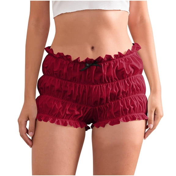 Karymi Running Shorts for Women High Waisted Ruffled Bloomers Shorts, Cute Tiered Ruffle Elastic Waist Bubble Shorts with Bow, Solid Y2K Style Satin Shorts Women's Shorts