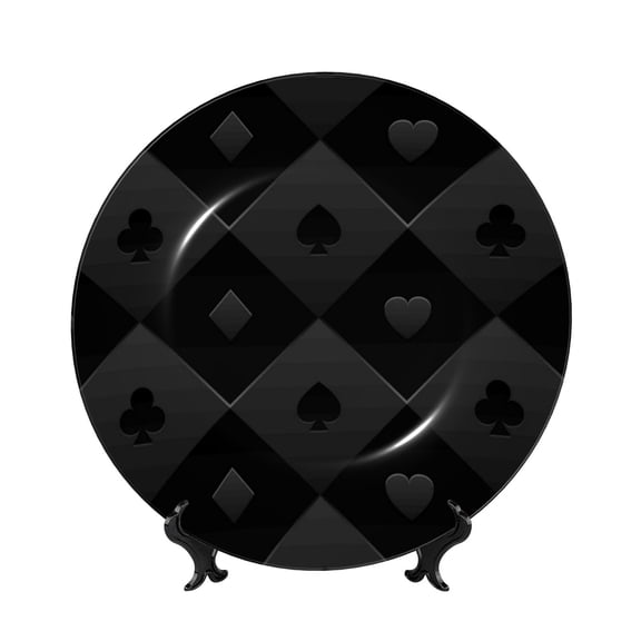 Picia Black Poker Pattern Bone China Decorative Plate – Wall Decor with Stand and Adhesive, Elegant Ornament for Living Room, Office, or Entryway-6in