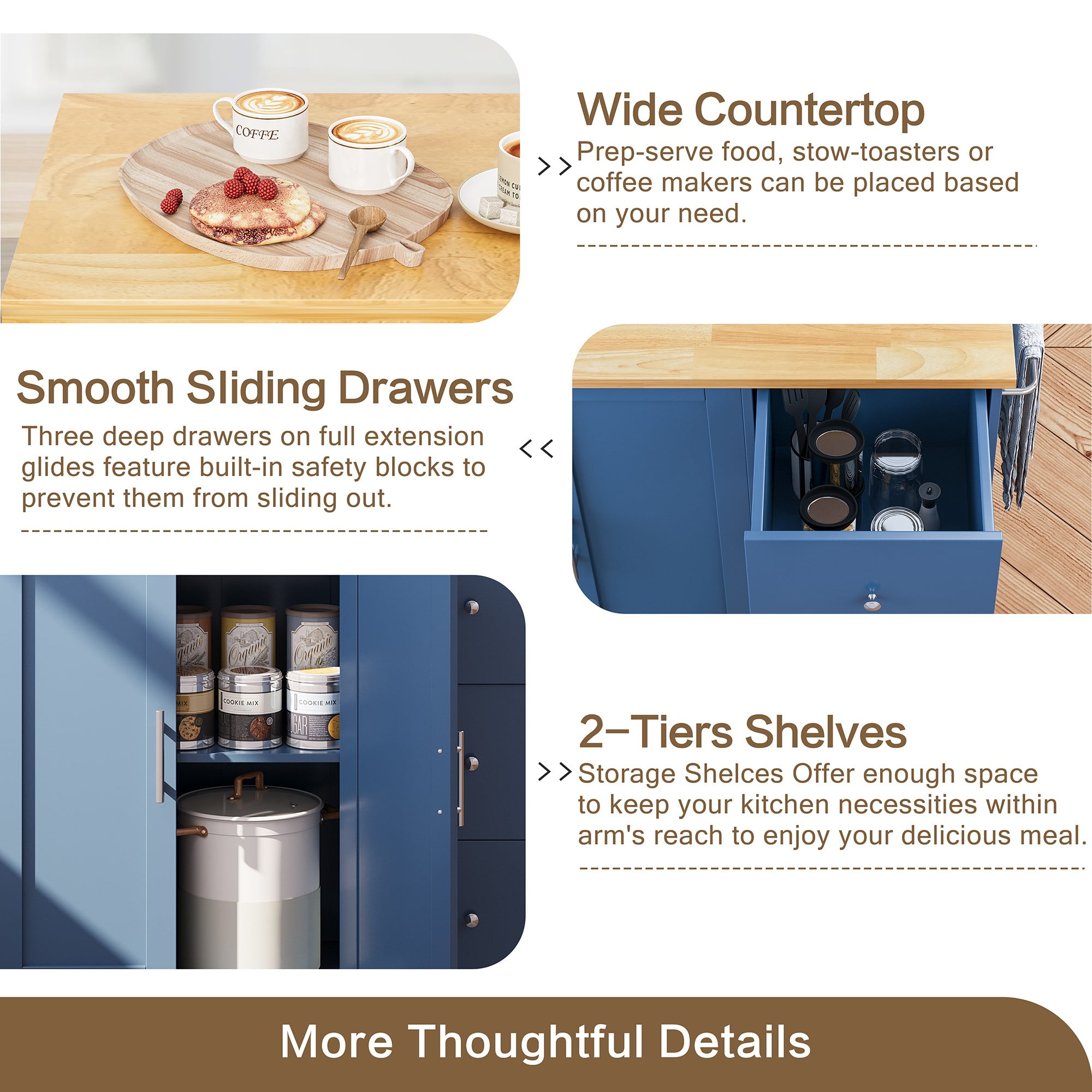 Walsunny 40" Kitchen Islands Carts with Storage Drop Leaf Countertop on Wheels Rolling Microwave Utility Carts with 3 Drawers 1 Storage Cabinets,Blue
