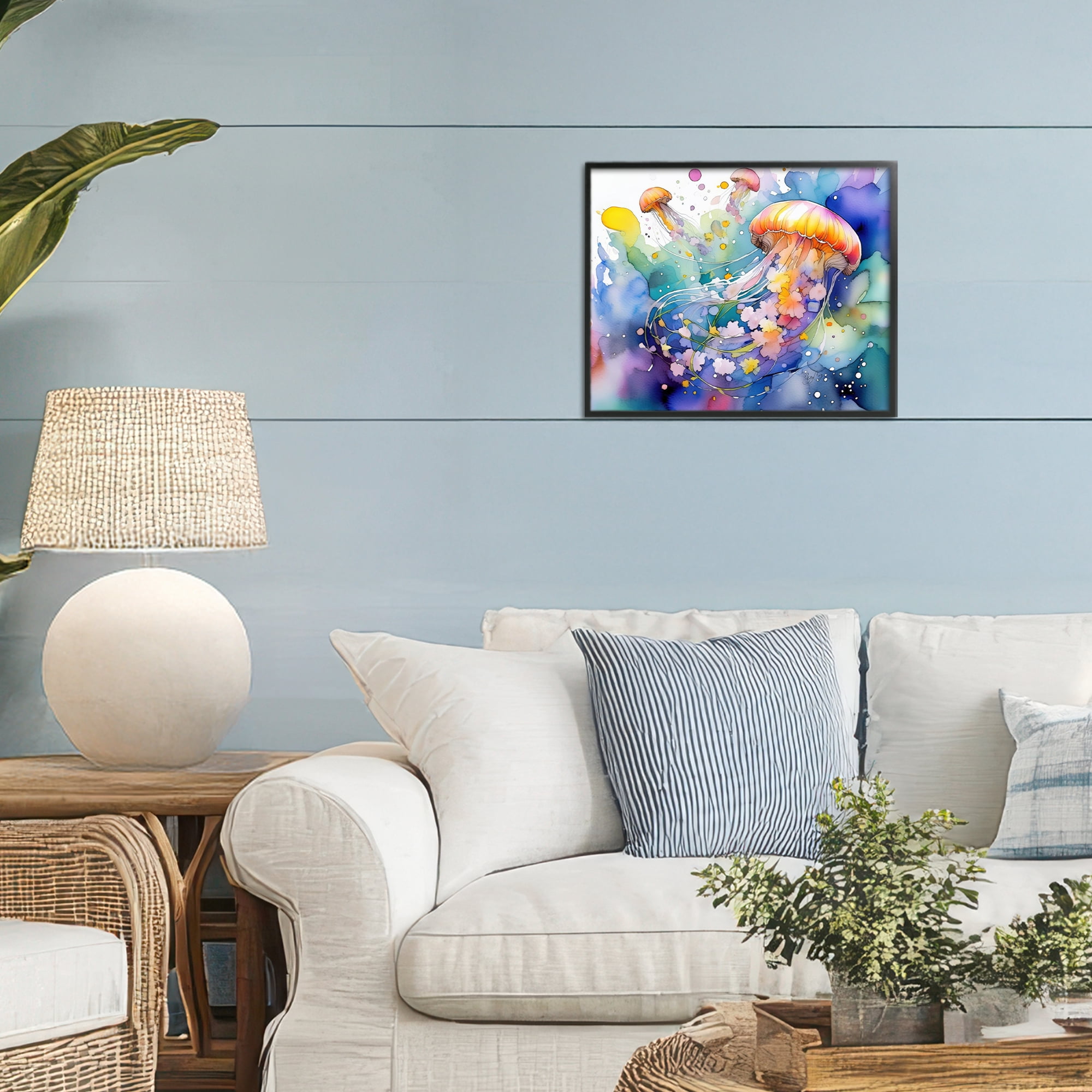 Stupell Industries Neon Jellyfish Underwater Black Framed Giclee Art, design by Shelly Craig