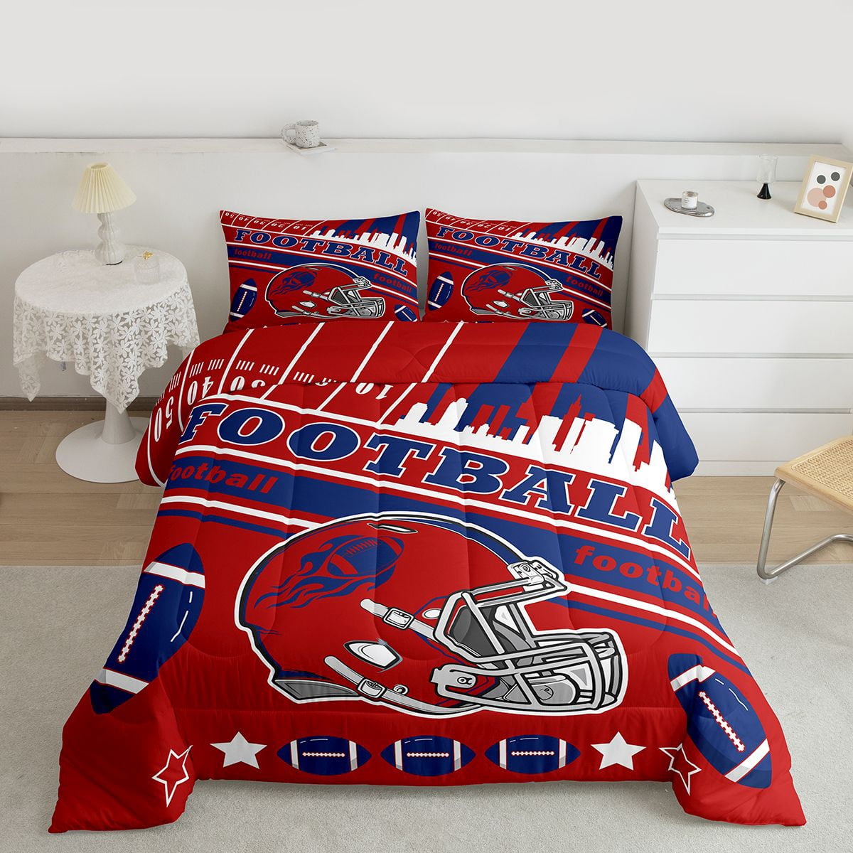 Erosebridal Football Bedding Set Twin Size New York Comforter Set American Football Gifts for Football Fans Women Men Football City Comforter Rugby Sports Duvet Set Bedroom Decor