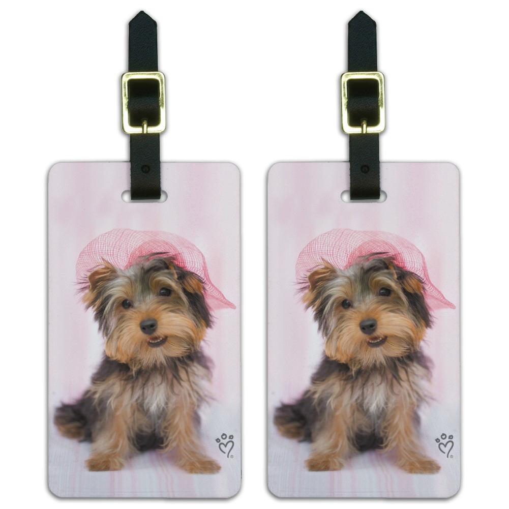 Yorkie Yorkshire Terrier Dog Pink Hat Luggage ID Tags Suitcase Carry-On Cards - Set of 2 - image 1 of 4