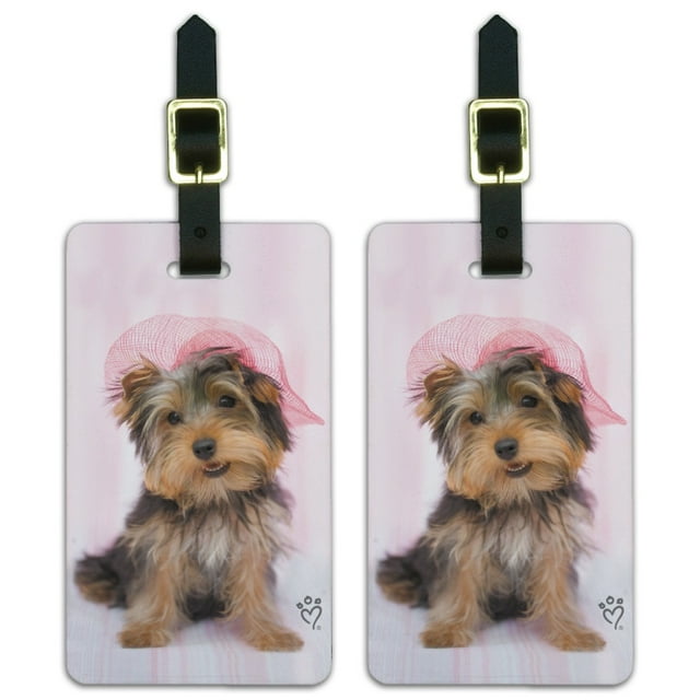 Yorkie Yorkshire Terrier Dog Pink Hat Luggage ID Tags Suitcase Carry-On Cards - Set of 2