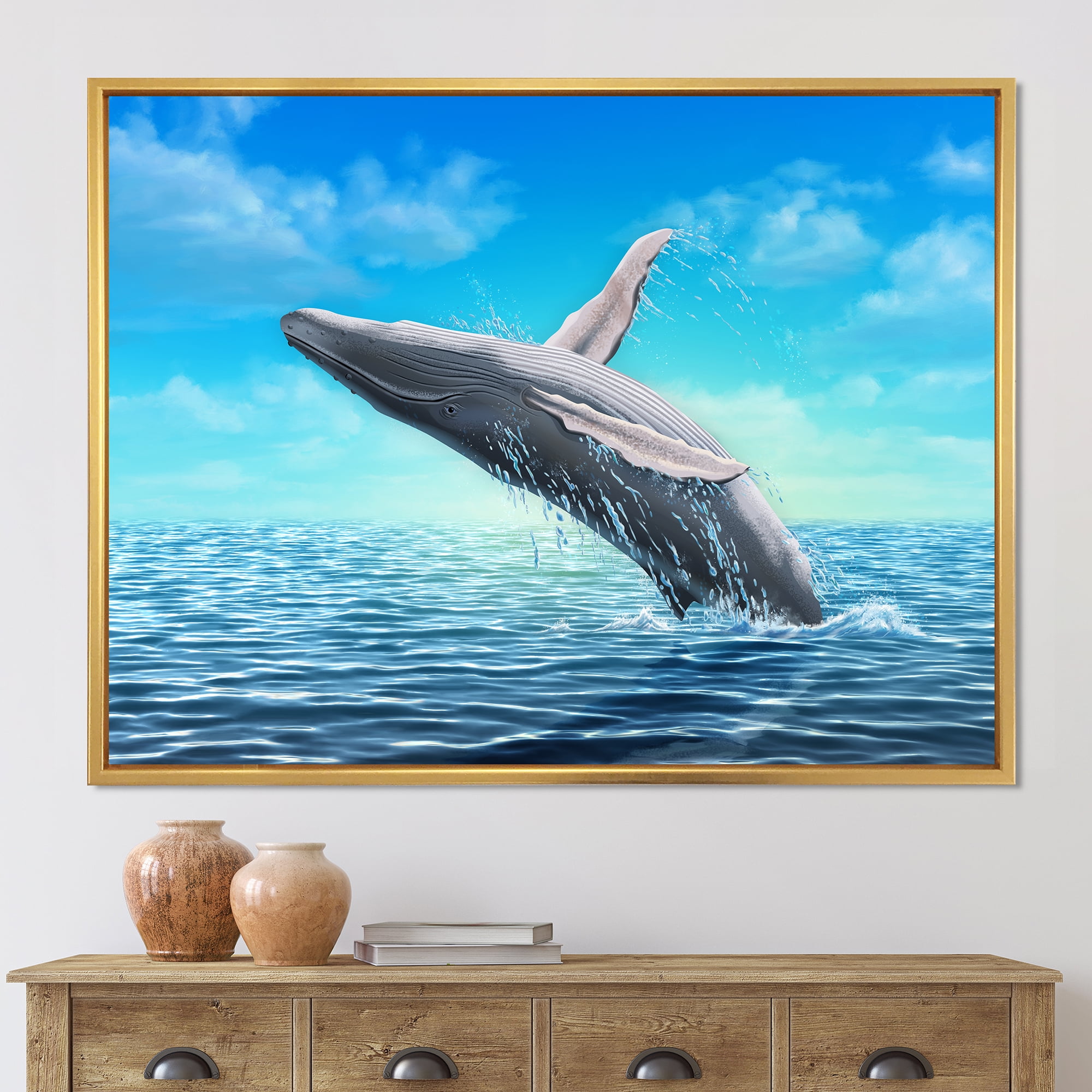 Designart 'Humpback Whale Jumping Out of Sea' Farmhouse Framed Canvas Wall Art Print