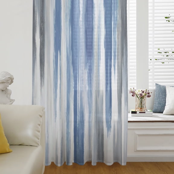 Blue Gray Sheer Curtains 54 Inch Length, Light Filtering Voile Curtain Panel, Modern Simple Abstract White Ombre Texture Rod Pocket Drapes Window Treatments for Living Room Bedroom 52"x54"