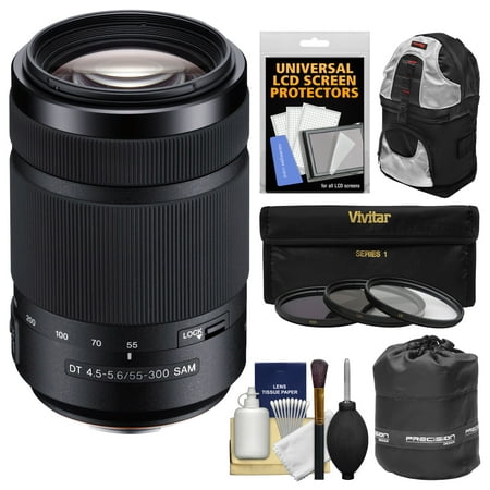 Sony Alpha A-Mount 55-300mm f/4.5-5.6 DT SAM Zoom Lens with Sling Backpack + 3 Filters + Pouch + Kit for A37, A58, A65, A68, A77 II, A99 (Best Lenses For Sony A77)