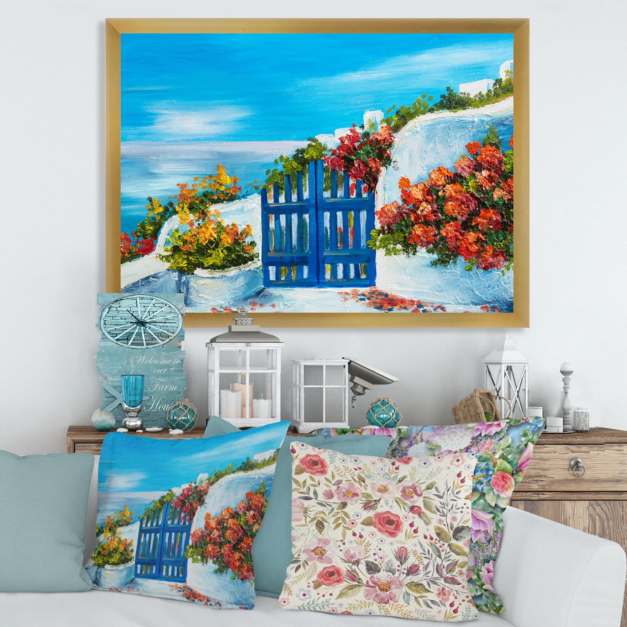 Designart 'House With Colorful Flowers Near The Sea III' Nautical & Coastal Framed Art Print
