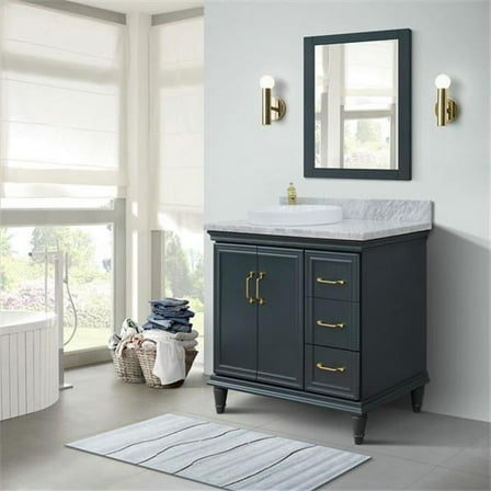 37 in. Single Round Sink Vanity with Carrara Marble Top, Dark Gray & White - Left Door & Sink