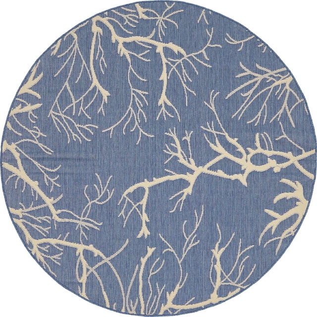 Unique Loom Collection Botanique Abstrait Pictural Transitionnel Tapis Rond Flatweave Intérieur et Extérieur, 6 Pieds, Bleu Marine / Beige