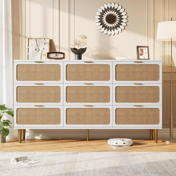 Rattan 9 Drawer Dressers for Bedroom, Wide Rattan Dressers Tall Dresser with Deep Drawers, Large Chest of Drawers for Closet with Wide Top, Dresser TV Stand, Boho Closet Organizer for Living Room