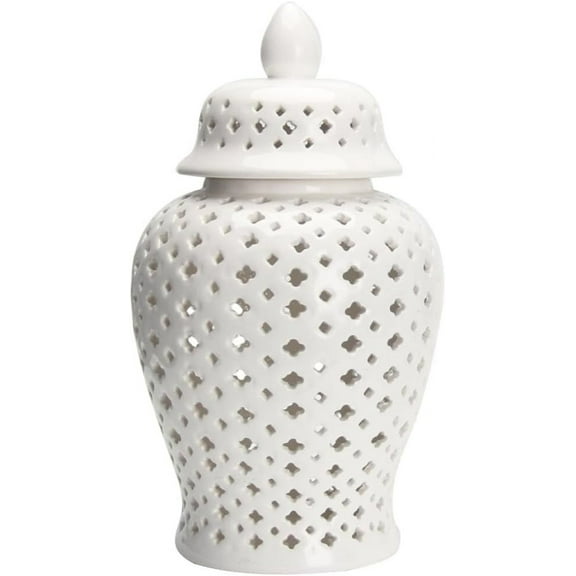 VOSAREA Ginger Jar Traditional Pierced Ginger Jar with Lid Ceramic Vase Carved Lattice Decorative Temple Jar White Ginger Jars for Home Decor