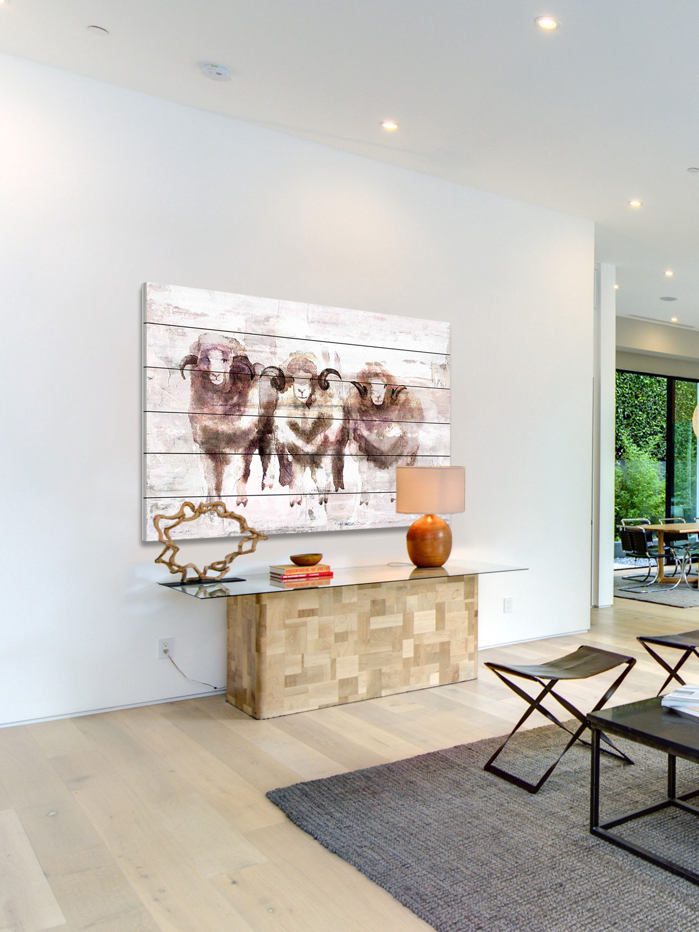 "Three Rams" Painting Print on White Wood