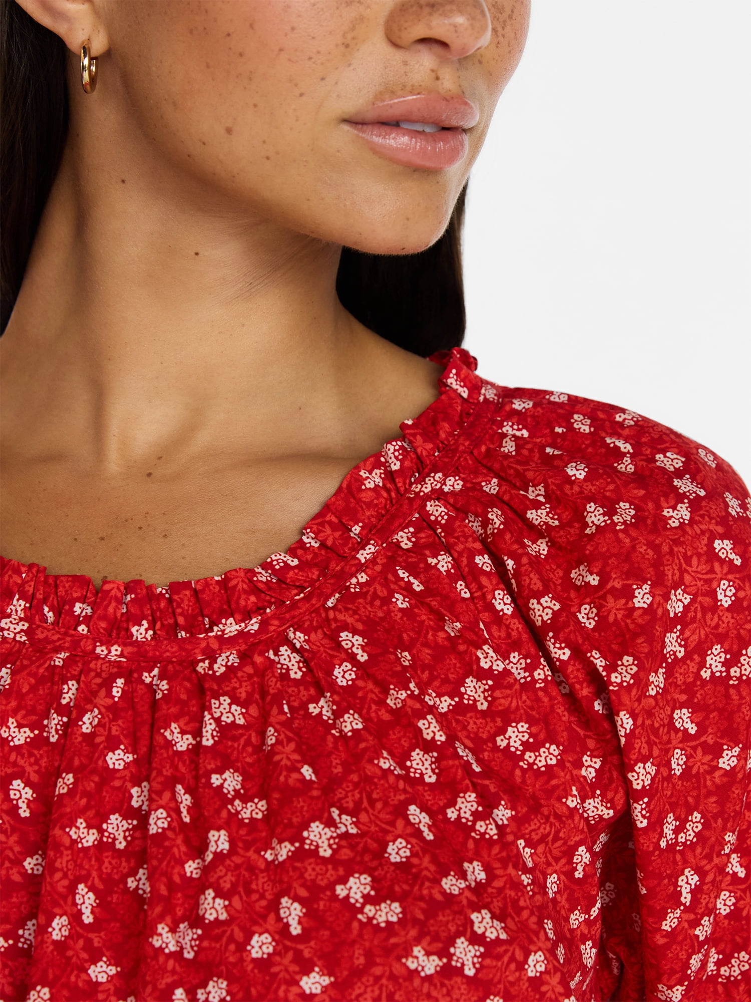 Time and Tru Women's Ruffle Neck Cotton Top with Short Puff Sleeves, Sizes XS-XXXL