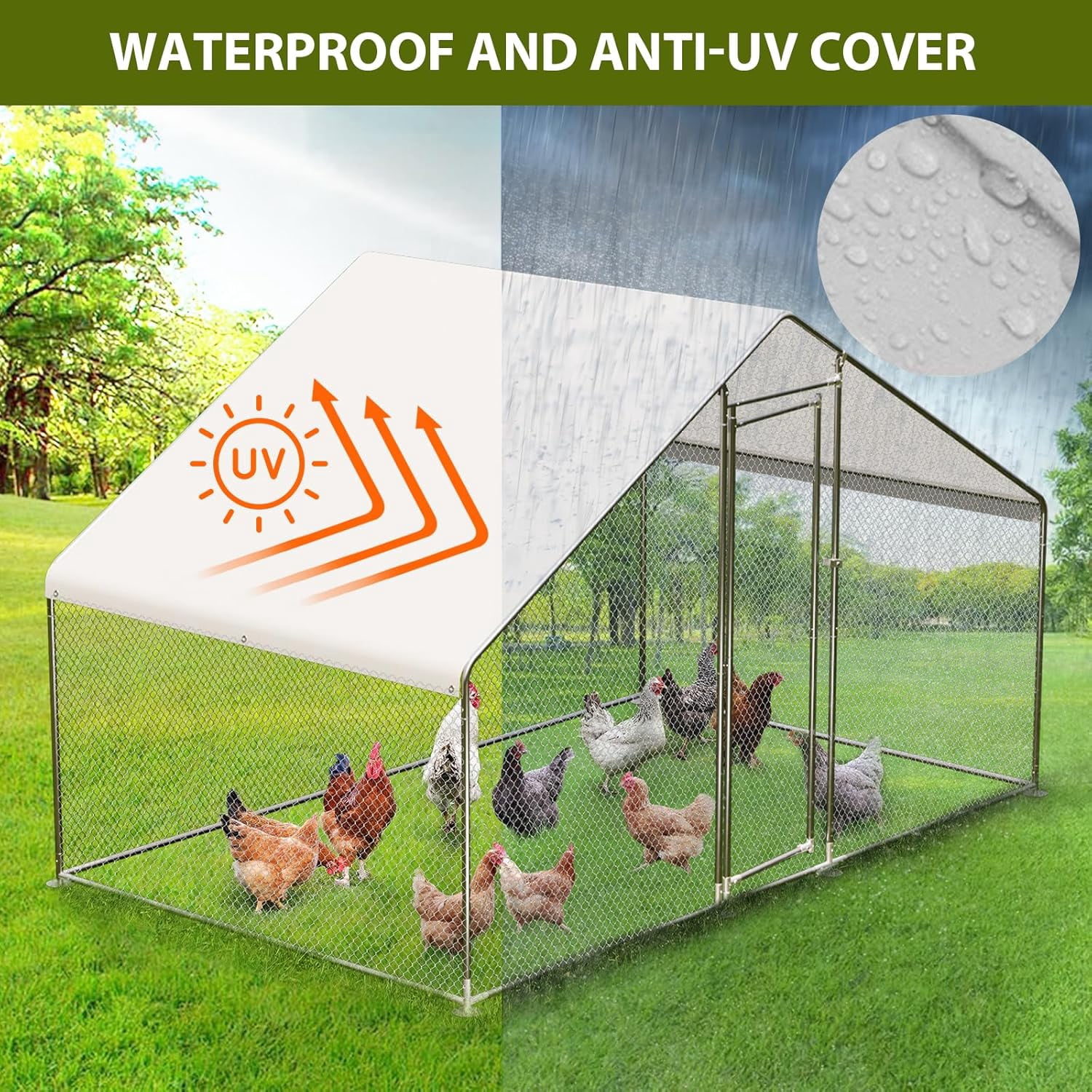 Rugerasy 9.8x6.5x6.5FT Large Metal Chicken Coop,Walk-in Poultry Cage with Run,Waterproof Anti-Ultraviolet Cover & Security Lock,Spire/Steep-Pitched Roof for 10 Chickens,Silver