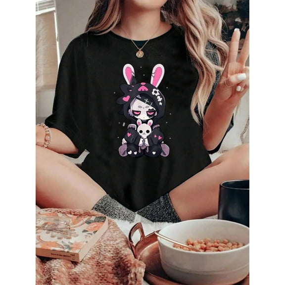 Goth Bunny Anime Girl Cute Girl T-Shirt Cotton T-Shirt