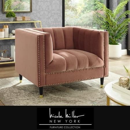 Velvet Tufted Side Chair Nicole Miller Janie Velvet Club Chair - Blush | Channel Tufted | Nailhead Trim | Metal Leg Tip | Contemporary ()
